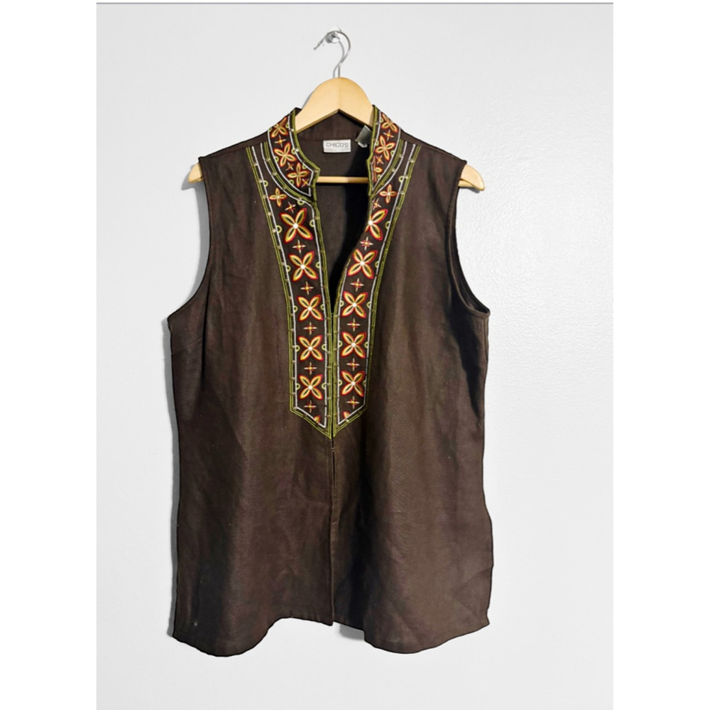 Chico’s Vintage Boho Embroidered Linen Woodstock Vest
